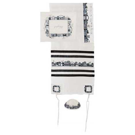 Black And Gray Raw Silk Jerusalem Vista Tallit Set By Yair Emanuel - 16" X 70"