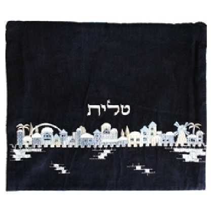 Blue Embroidered Velvet Jerusalem Skyline Tallit Bag
