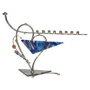 Blue Glass And Fused Metal Heart Wedding Glass Keepsake Menorah -Perfect For Hanukkah