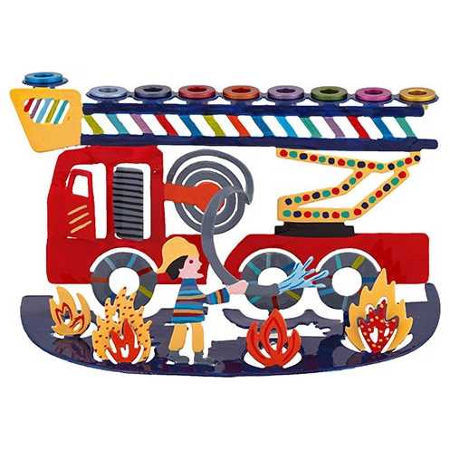Children's Hand Painted Lasercut Firetruck Menorah By Yair Emanuel -Perfect For Hanukkah