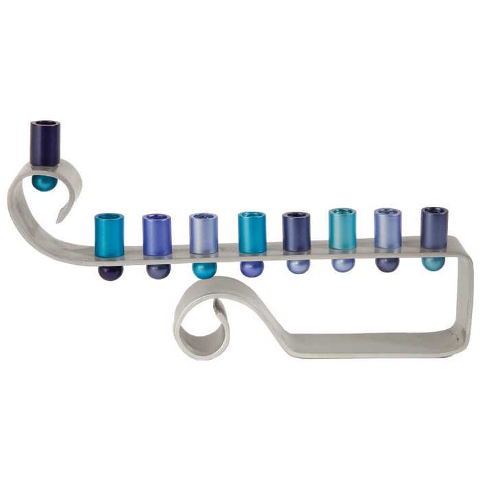 Blue Curly Anodized Menorah By Yair Emanuel -Perfect For Hanukkah