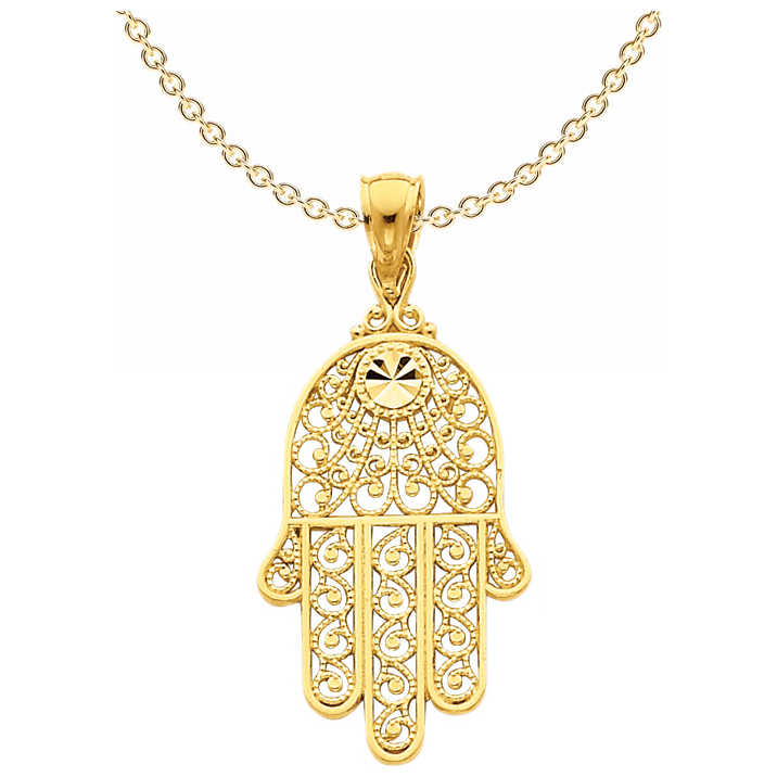 14K Solid Yellow Gold Diamond-Cut Filigree Hamsa Pendant