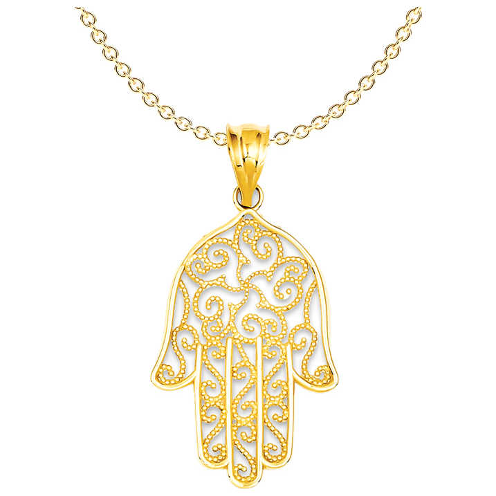 Ornate 14K Yellow Gold Filigree Hamsa Pendant