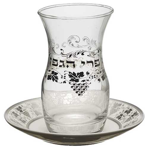 Glass Kiddush Cup 4" With Ceramic Saucer 4.2 Oz - Grapes Design
