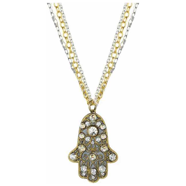 Gray And Gold Large Hamsa On Triple Chain