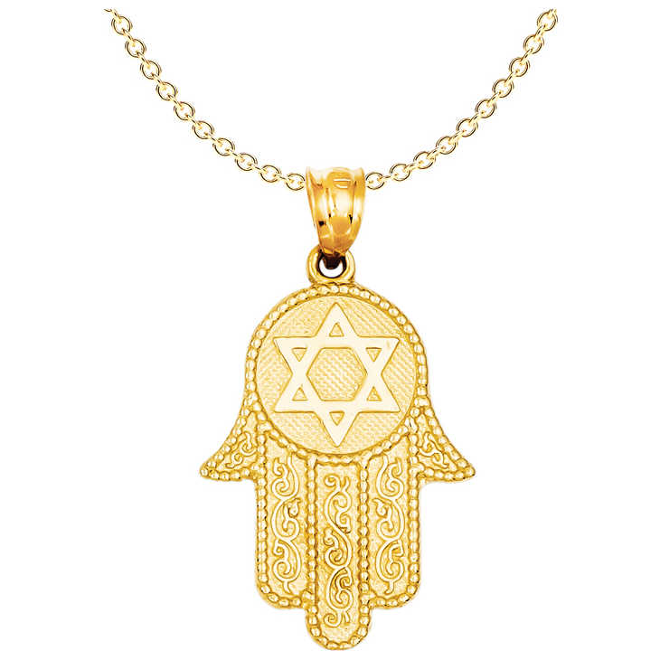 14K Yellow Gold Hamsa With Star Of David Pendant