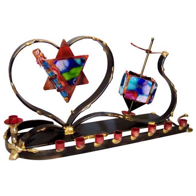 Heart Wedding Glass Keepsake Menorah And Dreidel -Perfect For Hanukkah