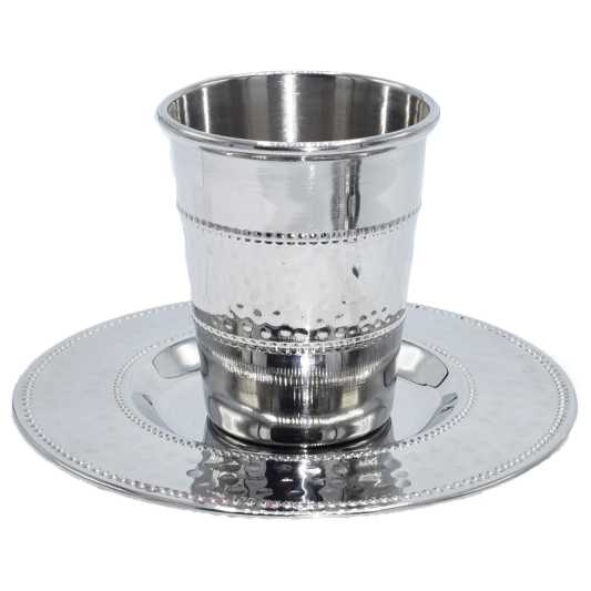 Stainless Steel Banded Kiddush Cup And Plate - Hammered Finish