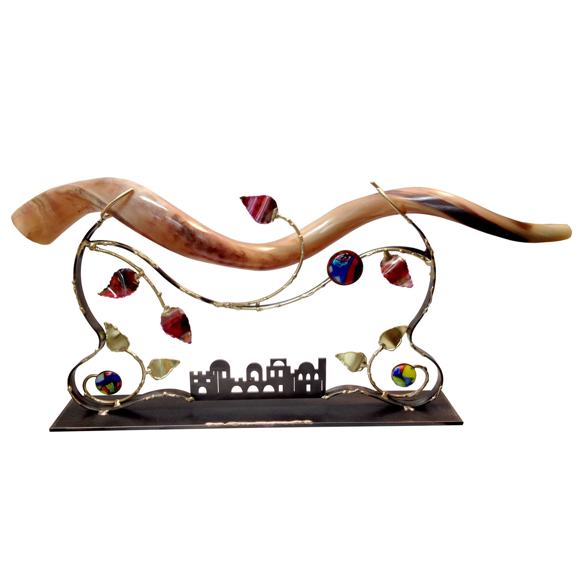 Large Brass Jerusalem Tabletop Shofar Stand By Gary Rosenthal