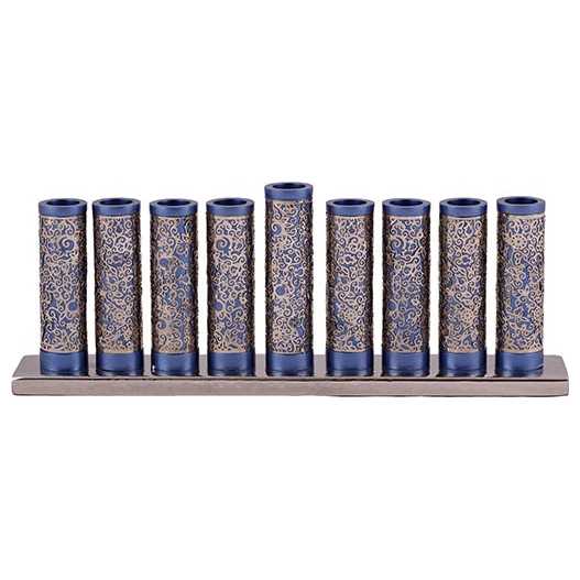 Lasercut Pomegranate Cylinder Menorah - Blue With Silver Cutout- By Yair Emanuel -Perfect For Hanukkah