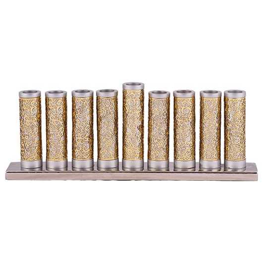 Lasercut Pomegranate Cylinder Menorah - Gray With Gold Cutout- By Yair Emanuel -Perfect For Hanukkah