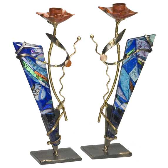 Metal And Fused Glass Shabbat Candlesticks