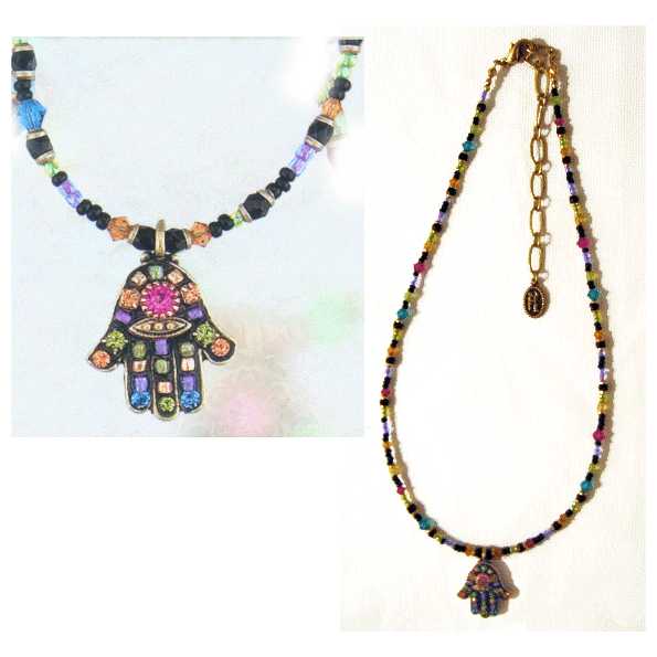 Multi Crystal Black Hamsa With Beaded Chain - Beaded Chain