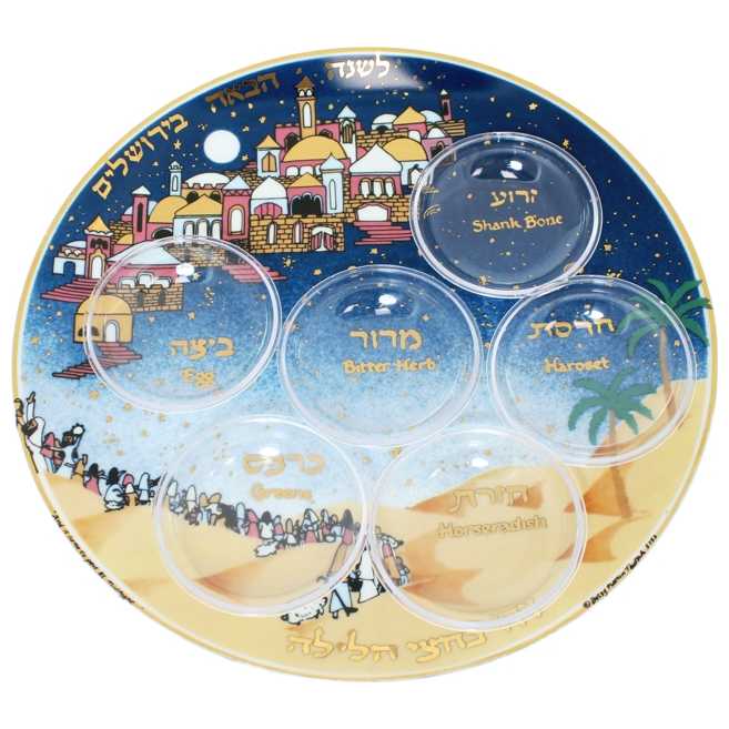 Porcelain Blue  Next Year In Jerusalem Seder Plate With Clear Dishes -Perfect For Passover