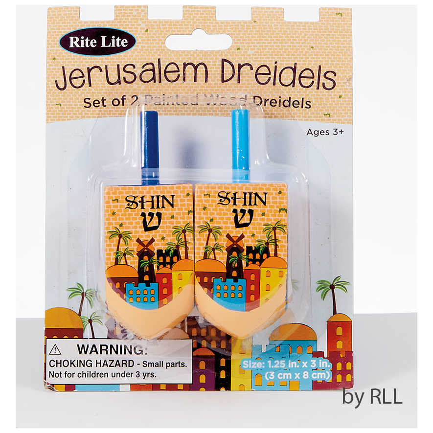 Set Of 2 Jerusalem Painted Wood Dreidels -Perfect For Hanukkah