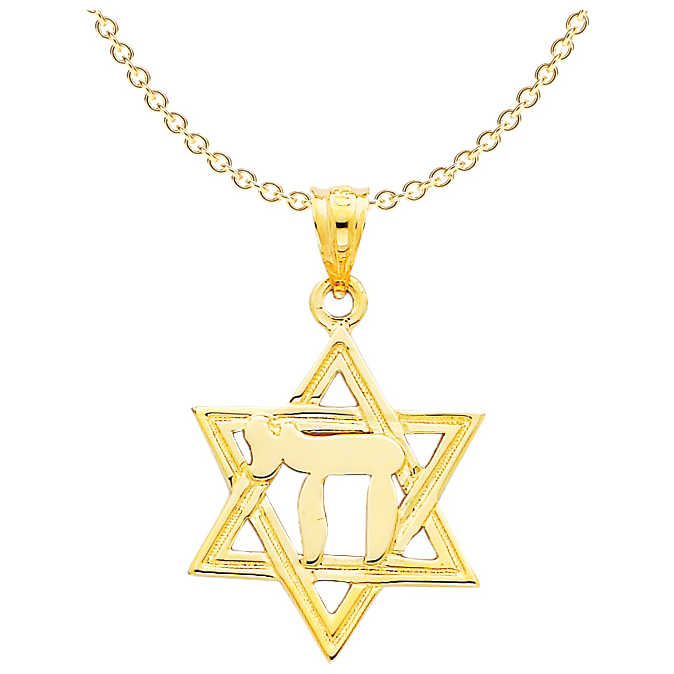 14K Yellow Gold Polished Chai In Star Of David Pendant