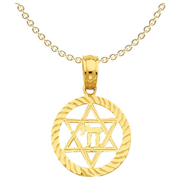 14K Yellow Gold Star Of David And Chai Circle Pendant
