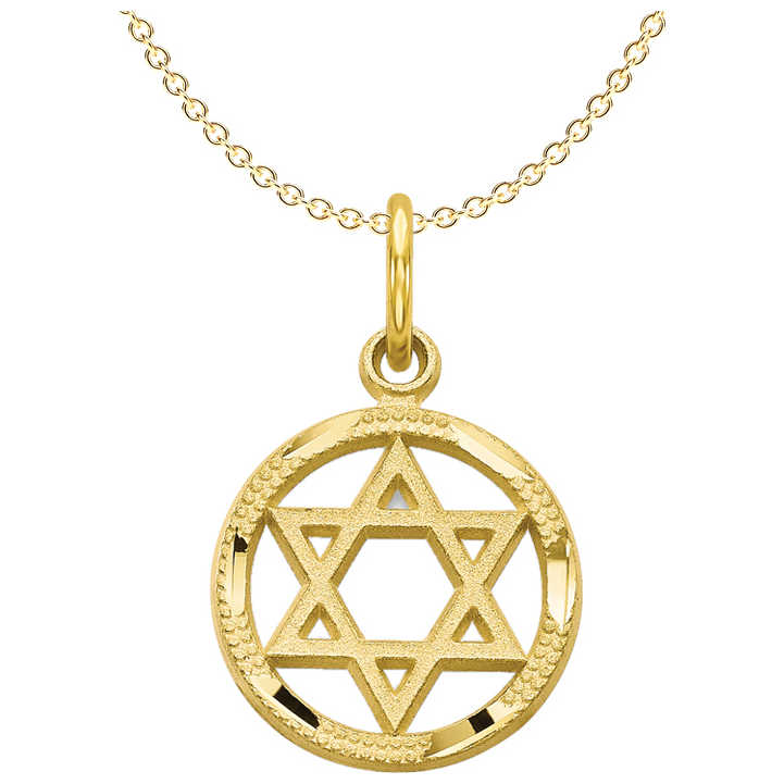 10K Yellow Gold Dual-Textured Star Of David Circle Pendant