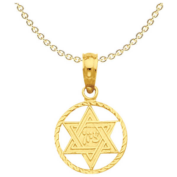 14K Yellow Gold Star Of David Zion Circle Frame Pendant