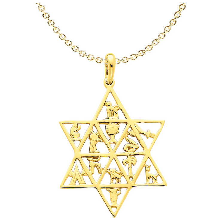 14K Yellow Gold Star Of David 12 Tribes Pendant