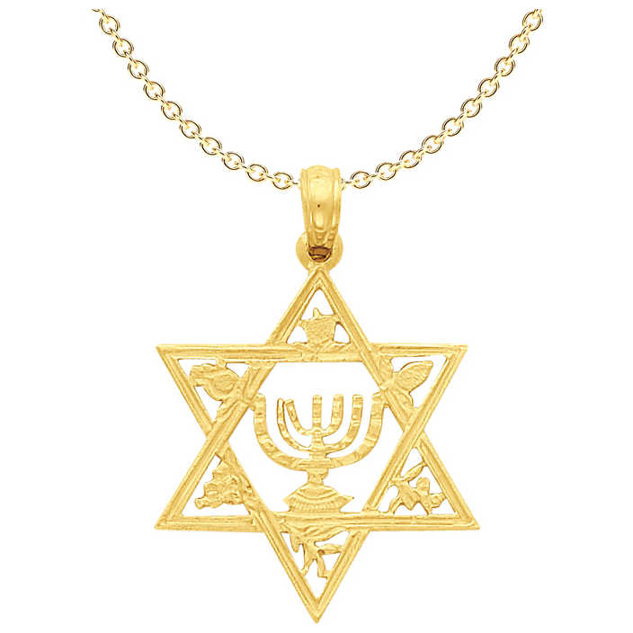 14K Yellow Gold Star Of David Menorah Pendant With Seven Species Motif