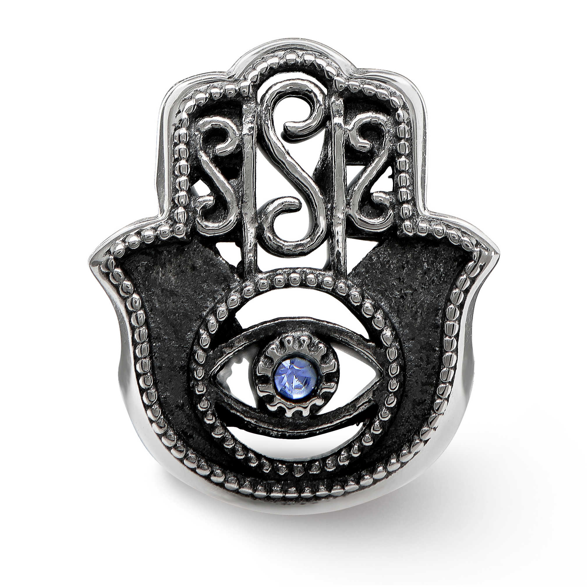 Sterling Silver Antiqued Blue Crystal Hamsa Bead