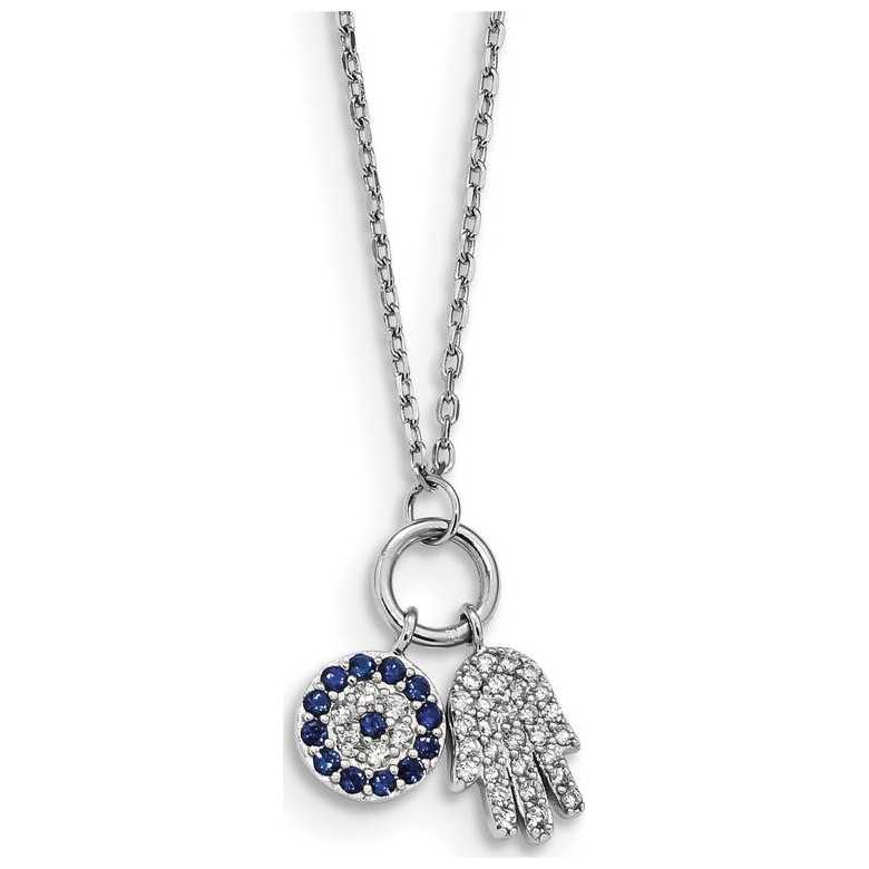 Sterling Silver Rhodium-Plated Cz Eye And Hamsa Charm Necklace
