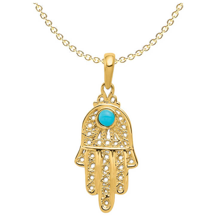 14K Yellow Gold Turquoise Filigree Hamsa Pendant