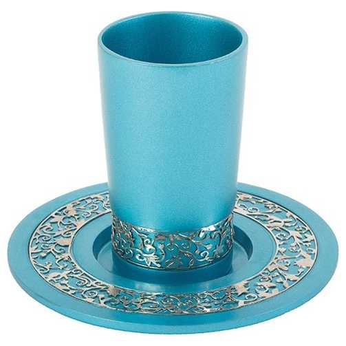 Turquoise Stainless Steel Kiddush Cup With Silver Pomegranate Cutout By Yair Emanuel