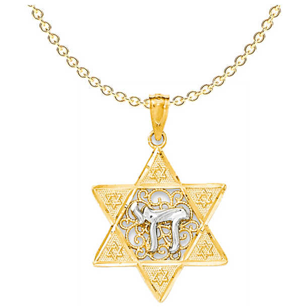Two-Tone Gold Polished Star Of David With Chai Pendant