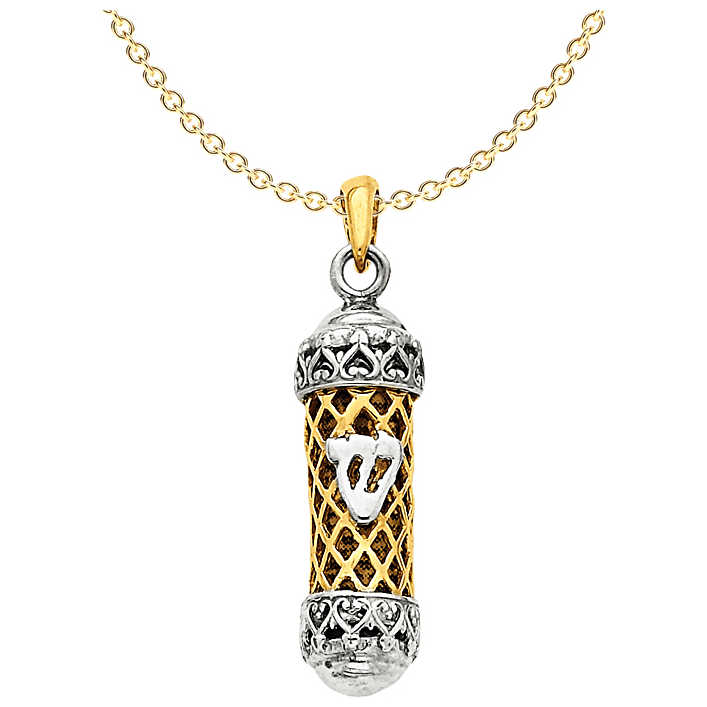 14K Two-Tone Gold Mezuzah With Shin Pendant