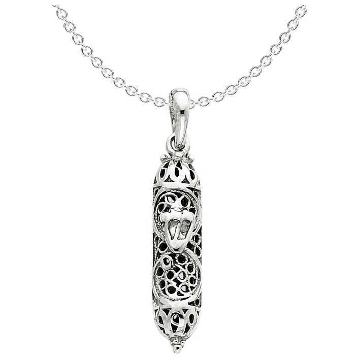 14K White Gold Ornate Mezuzah Pendant
