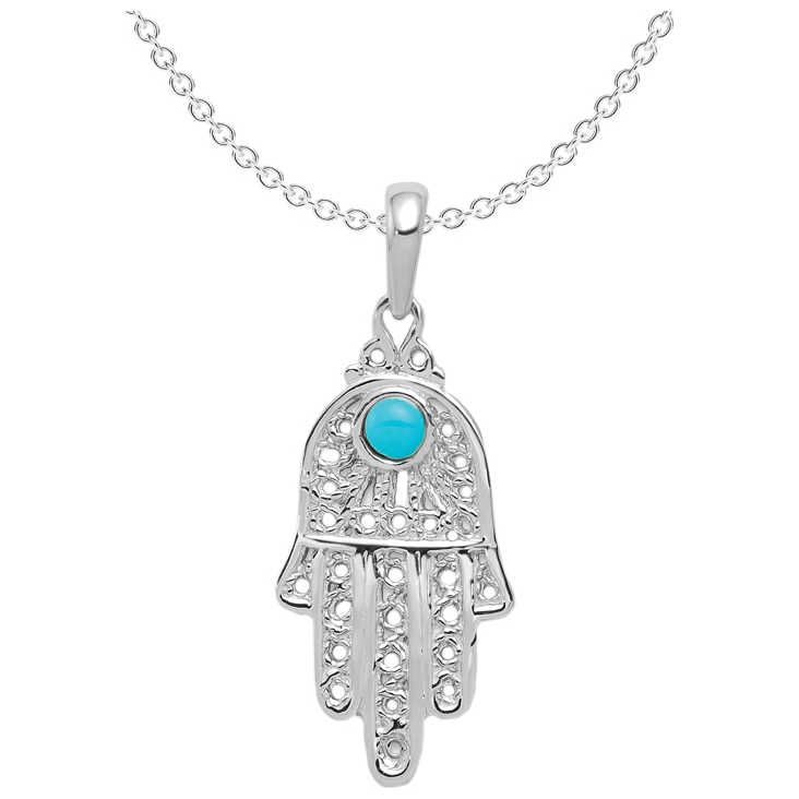 14K White Gold Turquoise Filigree Hamsa Pendant
