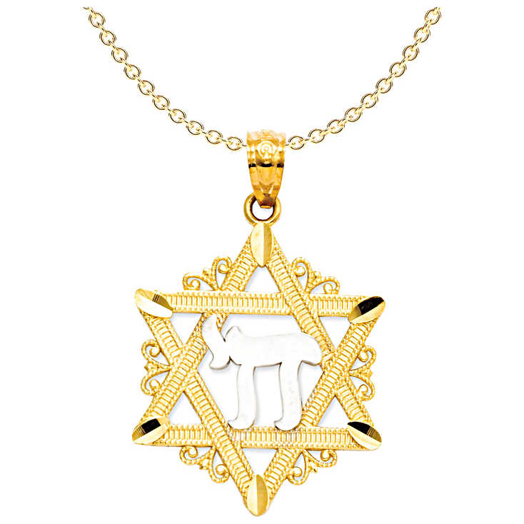14K Yellow Gold Star Of David With Rhodium-Plated Chai Pendant