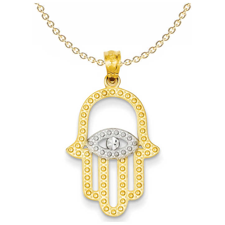 14K Yellow Gold Rhodium Plated Hamsa Pendant