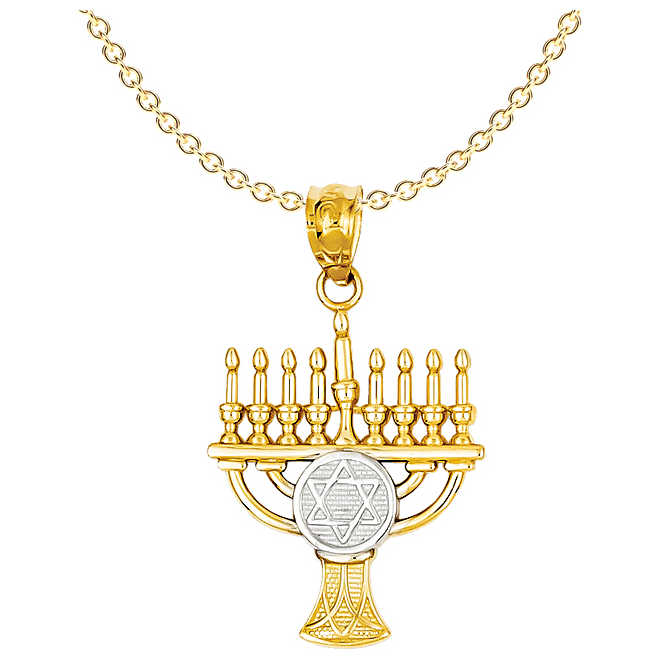 14K Yellow Gold With Rhodium Star Of David Menorah Pendant